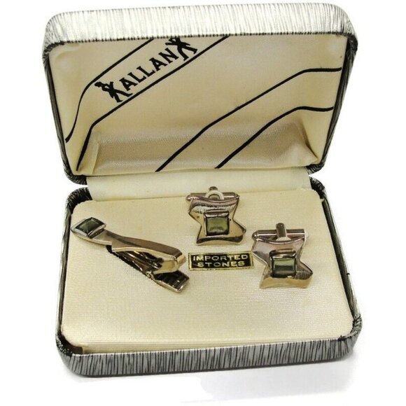 Kallani Vintage Peridot Cufflinks Set w Neck Tie Clip Silver Tone Formal IOB - Picture 2 of 11